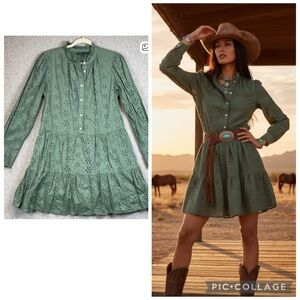 Gap eyelet midi/mini dress M sage green tiered skirt boho cottage dainty